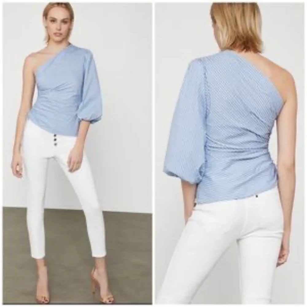 BCBGMaxAzria Blue Striped Ruched Poplin Top Size Small - Picture 8 of 15